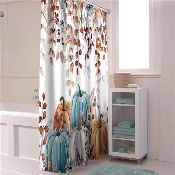 Thanksgiving Shower Curtain, Watercolor Pumpkins & Eucalyptus, 72x72 in w/ Hooks - Picture 4 of 7